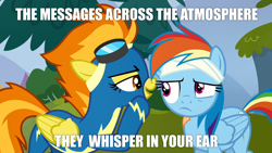 Size: 1920x1080 | Tagged: safe, derpibooru import, screencap, rainbow dash, spitfire, pegasus, pony, electric light orchestra, image macro, lyrics, meme, secret, secret messages, song reference, whispering