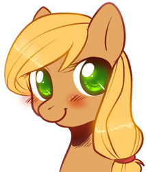 Size: 579x678 | Tagged: safe, artist:vella, applejack, earth pony, pony, blushing, bust, looking at you, portrait, simple background, solo