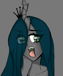 Size: 720x867 | Tagged: safe, artist:memengla, queen chrysalis, human, bust, eye clipping through hair, female, gray background, hair over one eye, horn, horned humanization, humanized, open mouth, simple background, solo, tongue out