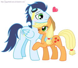 Size: 1572x1373 | Tagged: safe, artist:jaquelindreamz, applejack, soarin', earth pony, pony, blushing, female, heart, male, shipping, soarinjack, straight