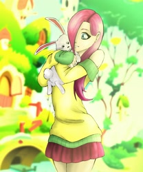 Size: 1600x1920 | Tagged: safe, artist:arucardpl, artist:robothehoobo, angel bunny, fluttershy, human, clothes, female, fluttershy's cottage, hair over one eye, humanized, skirt