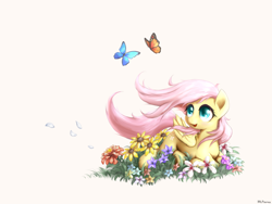 Size: 2048x1536 | Tagged: safe, artist:mlpanon, fluttershy, butterfly, pegasus, pony, cute, daaaaaaaaaaaw, female, flower, grass, mare, pretty, prone, shyabetes, simple background, solo, white background, windswept mane