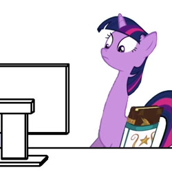 Size: 400x400 | Tagged: safe, derpibooru import, twilight sparkle, unicorn twilight, pony, unicorn, book, computer, female, frown, long neck, mare, monitor, nope, reaction image, saddle bag, solo, wide eyes