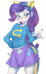 Size: 499x800 | Tagged: dead source, safe, artist:hoihoi, rarity, equestria girls, blushing, clothes, female, hand on hip, looking at you, nail polish, pixiv, simple background, skirt, smiling, solo, sweater, white background, wondercolts