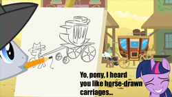 Size: 853x480 | Tagged: safe, derpibooru import, edit, edited screencap, screencap, lucky clover, twilight sparkle, over a barrel, appleloosa, caption, carriage, drawing, horse-drawn horse-drawn carriage, meme, mouth hold, pencil, pun, xzibit, yo dawg