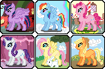 Size: 152x101 | Tagged: safe, artist:karmadash, derpibooru import, angel bunny, applejack, fluttershy, pinkie pie, rainbow dash, rarity, twilight sparkle, twilight sparkle (alicorn), alicorn, earth pony, pegasus, pony, unicorn, female, icon, mane six, mare, pixel art