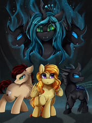 Size: 2595x3472 | Tagged: safe, artist:pridark, queen chrysalis, oc, oc:fine roast, oc:spindle, oc:sweet leaf, changeling, changeling queen, earth pony, pegasus, windigo, fanfic:unchanging love, fanfic:unending love, changeling oc, commission, cutie mark, disguise, disguised changeling, fanfic, fanfic art, fanfic cover, high res, raised hoof, swarm