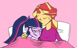 Size: 1532x949 | Tagged: safe, sci-twi, sunset shimmer, twilight sparkle, equestria girls, bed, female, lesbian, pillow, scitwishimmer, shipping, sleeping, sunsetsparkle