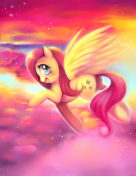 Size: 700x905 | Tagged: safe, artist:sukesha-ray, fluttershy, pegasus, pony, flying, solo, sunset