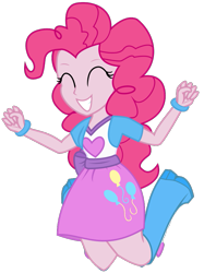 Size: 667x890 | Tagged: safe, artist:n0m1, pinkie pie, equestria girls, balloon, boots, bracelet, clothes, high heel boots, jewelry, jumping, simple background, skirt, solo, transparent background, vector