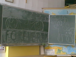 Size: 1024x768 | Tagged: artist needed, dead source, safe, pinkie pie, earth pony, pony, chalkboard, classroom, cutie mark, female, forever, irl, map, mare, school, text