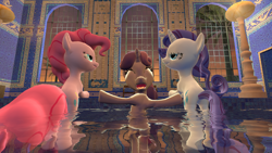 Size: 1280x720 | Tagged: safe, pinkie pie, rarity, sweetie belle, earth pony, pony, unicorn, 3d, female, gmod, hearst castle, lesbian, raripie, roman bath, shipping, swimming