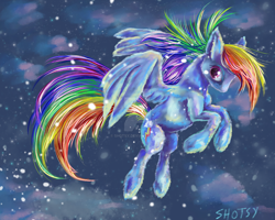 Size: 1600x1280 | Tagged: safe, artist:shotsyshotsy, derpibooru import, rainbow dash, pegasus, pony, female, flying, mare, snow, solo, watermark