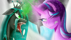 Size: 3840x2160 | Tagged: safe, artist:flaxen's art corner, queen chrysalis, starlight glimmer, changeling, changeling queen, unicorn, confrontation, glowing horn, horn, magic, snow