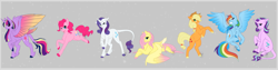 Size: 4000x1000 | Tagged: safe, artist:rhinestonearts, derpibooru import, applejack, fluttershy, pinkie pie, rainbow dash, rarity, starlight glimmer, twilight sparkle, twilight sparkle (alicorn), alicorn, classical unicorn, earth pony, pegasus, pony, unicorn, cloven hooves, colored wings, colored wingtips, leonine tail, mane six, rearing, tail feathers, unshorn fetlocks