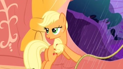 Size: 1280x720 | Tagged: safe, screencap, applejack, earth pony, pony, look before you sleep, bedroom eyes, female, golden oaks library, hatless, lidded eyes, mare, missing accessory, plot, rope, solo
