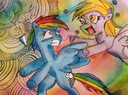 Size: 1024x762 | Tagged: safe, artist:ghoulishtalestudios, derpibooru import, derpy hooves, rainbow dash, pegasus, pony, abstract background, duo, duo female, female, glomp, mare, traditional art, watercolor painting, watermark