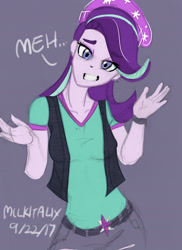 Size: 1400x1920 | Tagged: safe, artist:milkitalix, starlight glimmer, equestria girls, beanie, clothes, dialogue, female, gray background, hat, meh, shrug, simple background, solo, vest