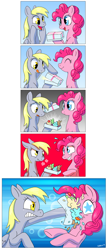 Size: 900x2076 | Tagged: safe, artist:snacky-bites, derpy hooves, pinkie pie, pegasus, pony, comic, cupcake, epic rage time, female, food, mare, not muffins, pinkiebuse