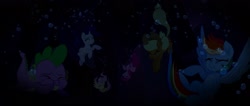 Size: 1917x810 | Tagged: safe, derpibooru import, screencap, applejack, fluttershy, pinkie pie, rainbow dash, rarity, spike, dragon, earth pony, pegasus, pony, unicorn, my little pony: the movie, bubble, dark, drowning, eyes closed, holding breath, underwater