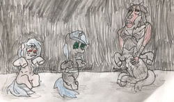Size: 750x440 | Tagged: safe, artist:whistle blossom, cozy glow, lord tirek, queen chrysalis, centaur, changeling, changeling queen, earth pony, nymph, pony, fanfic:the end of the end, alternate scenario, belly button, blank flank, cave, cold, female, filly, foal, hungry, legion of doom, male, messy mane, onomatopoeia, race swap, ribs, sad, sitting, snow, sound effects, stomach growl, stomach noise, traditional art, trio, wavy mouth, weak
