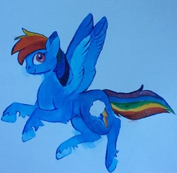 Size: 1080x1052 | Tagged: safe, artist:localeggboi, derpibooru import, rainbow dash, pegasus, pony, flying, smiling, solo, traditional art