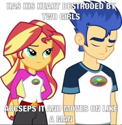 Size: 774x797 | Tagged: safe, flash sentry, sunset shimmer, equestria girls, legend of everfree, female, flashimmer, grammar error, male, meme, misspelling, sad, shipping, straight