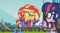 Size: 1522x850 | Tagged: safe, edit, edited screencap, screencap, majesty, principal abacus cinch, sci-twi, sunset shimmer, twilight sparkle, equestria girls, friendship games, caption, jojo's bizarre adventure, magic capture device, parody, steel ball run, this will end in death