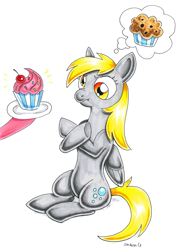 Size: 575x800 | Tagged: safe, artist:snacky-bites, derpy hooves, pegasus, pony, crossed arms, cupcake, cupcakes vs muffins, female, mare, muffin, thought bubble, traditional art