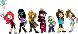 Size: 1280x562 | Tagged: safe, artist:mushroomcookiebear, derpibooru import, applejack, fluttershy, pinkie pie, rainbow dash, rarity, spike, twilight sparkle, twilight sparkle (alicorn), alicorn, human, balloon, dark skin, diversity, humanized, mane seven, mane six, natural hair color, why meph why