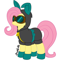 Size: 500x500 | Tagged: safe, artist:xipronewb, edit, fluttershy, pegasus, pony, bunny ears, clothes, cute, dangerous mission outfit, female, goggles, hoodie, mare, remake, simple background, solo, white background