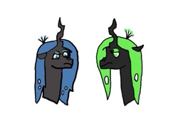 Size: 515x387 | Tagged: safe, artist:whistle blossom, part of a set, queen chrysalis, oc, oc:queen milkweed, changeling queen, autodesk sketchbook, changeling queen oc, crown, digital art, duo, female, frown, green changeling, jewelry, looking at each other, mare, queen chrysalis is not amused, regalia, siblings, simple background, sisters, unamused, white background