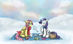 Size: 2938x1802 | Tagged: safe, artist:aisu-isme, rarity, oc, oc:camille, pony, unicorn, picnic, snow