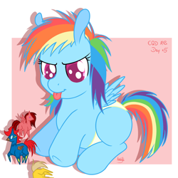 Size: 1500x1500 | Tagged: safe, artist:akashasi, derpibooru import, rainbow dash, pegasus, pony, baby, baby pony, clothes, diaper, female, filly, filly rainbow dash, foal, goggles, playing, sitting, solo, tongue out, toy, wonderbolts, younger