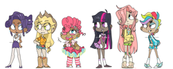 Size: 2511x1000 | Tagged: safe, artist:nebularva, derpibooru import, applejack, fluttershy, pinkie pie, rainbow dash, rarity, twilight sparkle, human, alternate hairstyle, bandaid, bindi, boots, clothes, cornrows, dark skin, diversity, dress, earring, hairy legs, high heels, humanized, mane six, skirt, sweater, sweatershy, undercut, wink