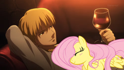 Size: 900x506 | Tagged: safe, fluttershy, human, fate/zero, gilgamesh, photoshop, waifu