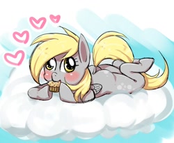 Size: 936x768 | Tagged: safe, artist:kiriya, derpy hooves, pegasus, pony, cloud, cloudy, cute, derp, derpabetes, eating, female, heart, mare, muffin, solo, that pony sure does love muffins