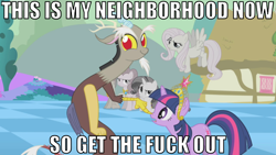 Size: 704x396 | Tagged: safe, applejack, discord, fluttershy, pinkie pie, rarity, twilight sparkle, earth pony, pegasus, pony, unicorn, discoface, discorded, image macro, twiface, vulgar, wrong neighborhood