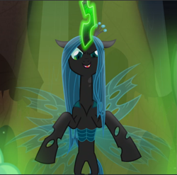 Size: 953x943 | Tagged: safe, screencap, queen chrysalis, changeling, changeling queen, frenemies (episode), cropped, evil grin, glowing horn, grin, horn, smiling, solo