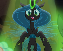 Size: 1158x940 | Tagged: safe, screencap, queen chrysalis, changeling, changeling queen, frenemies (episode), cropped, evil grin, glowing horn, grin, horn, open mouth, smiling, solo