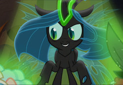 Size: 1366x940 | Tagged: safe, screencap, queen chrysalis, changeling, changeling queen, frenemies (episode), cropped, evil grin, glowing horn, grin, horn, smiling, solo