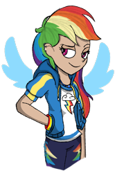 Size: 1400x1950 | Tagged: safe, artist:rodan00, derpibooru import, rainbow dash, human, better together, equestria girls, clothes, ear piercing, female, geode of super speed, hands in pockets, hoodie, human coloration, humanized, magical geodes, piercing, raised eyebrow, simple background, solo, transparent background, wings