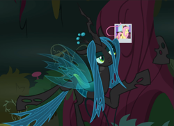 Size: 1295x938 | Tagged: safe, screencap, fluttershy, queen chrysalis, changeling, changeling queen, pegasus, pony, the mean 6, cropped, cute, cutealis, lidded eyes, picture, solo, tree