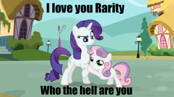 Size: 1054x592 | Tagged: safe, rarity, sweetie belle, pony, unicorn, caption, female, filly, horn, hug, mare, siblings, sisters