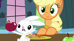 Size: 1280x720 | Tagged: safe, screencap, angel bunny, applejack, earth pony, pony, keep calm and flutter on, apple, pointing