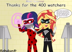 Size: 3500x2550 | Tagged: safe, artist:robukun, sunset shimmer, twilight sparkle, equestria girls, gag, humanized, lady wifi, miraculous ladybug, tape gag