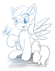 Size: 698x900 | Tagged: safe, artist:fuzon-s, derpy hooves, pegasus, pony, female, gradient lineart, happy, mare, monochrome, sitting, smiling, solo, spread wings
