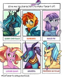 Size: 1005x1200 | Tagged: safe, artist:magicstarfriends, ahuizotl, boulder (pet), luster dawn, maud pie, princess skystar, queen chrysalis, sunburst, changeling, changeling queen, classical hippogriff, earth pony, hippogriff, pony, unicorn, my little pony: the movie, bust, clothes, female, glasses, grin, jewelry, male, mare, necklace, one eye closed, raised hoof, six fanarts, smiling, stallion, wink