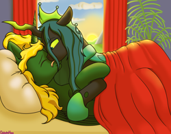 Size: 3500x2734 | Tagged: safe, artist:galacticham, queen chrysalis, oc, oc:prince ecosis, alicorn, changeling, changeling queen, alicorn oc, bed, canon x oc, ecolys, horn, hug, in bed, licking, morning, tongue out, ultimate chrysalis, wings