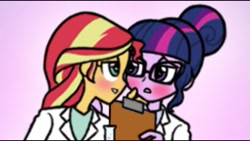 Size: 1280x720 | Tagged: safe, artist:crydius, sci-twi, sunset shimmer, twilight sparkle, equestria girls, blushing, blushing profusely, clothes, comic, fandub, female, lab coat, lesbian, scitwishimmer, shipping, sunsetsparkle